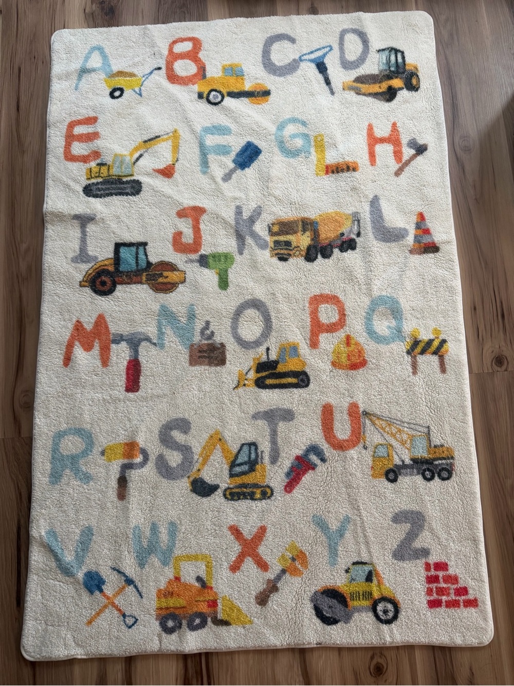 Kids Alphabet Construction Play Rug - Yellow, Orange, Blue Vehicles 3x5